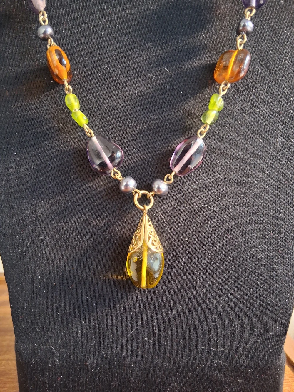 Multicolor Glass Bead Pendant Necklace - Elegant Yellow, Purple & Green